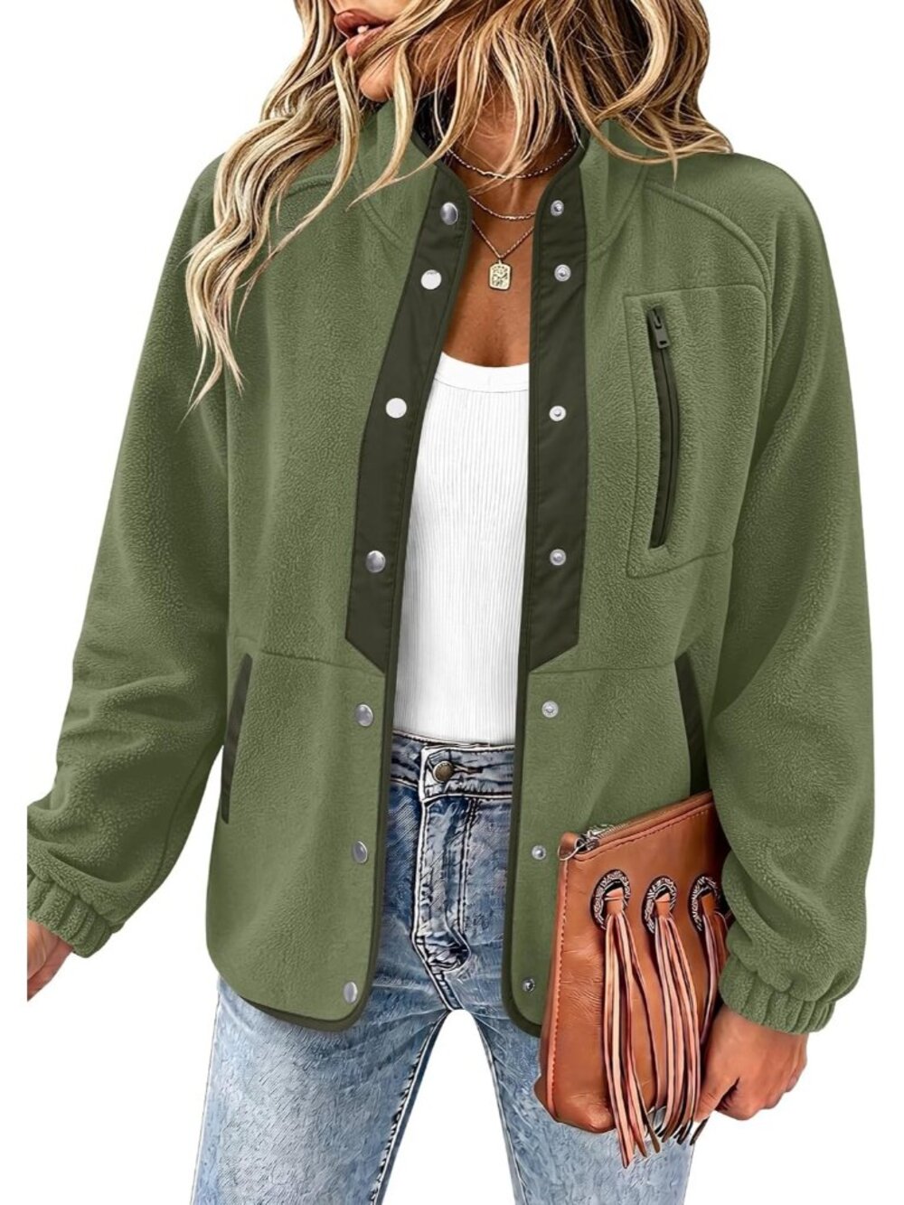 Women's Army Green Winter Cuff Sleeve Western Print Snap Button Fleece Jacket
